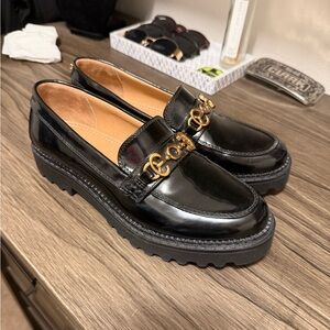 Circus by Sam Edelman Glossy Black Loafers with Gold Detail